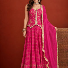 Stylum Women's Pink Gold Printed Rayon Vest Top Skirt With Dupatta Co-Ords Set (STDPINKRANGAT)