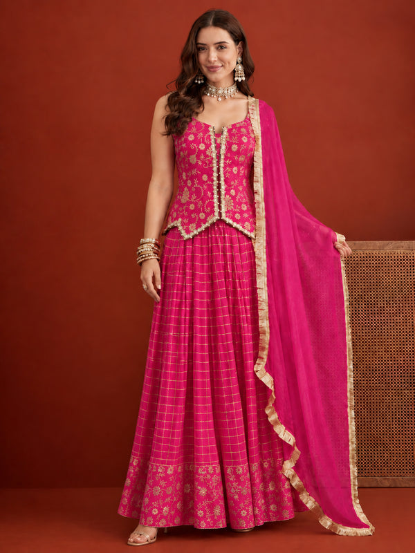 Stylum Women's Pink Gold Printed Rayon Vest Top Skirt With Dupatta Co-Ords Set (STDPINKRANGAT)