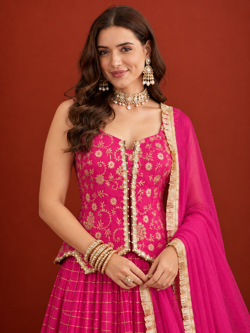 Stylum Women's Pink Gold Printed Rayon Vest Top Skirt With Dupatta Co-Ords Set (STDPINKRANGAT)