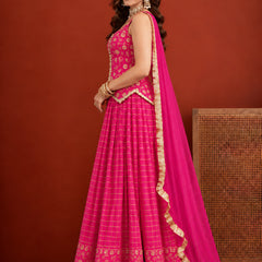 Stylum Women's Pink Gold Printed Rayon Vest Top Skirt With Dupatta Co-Ords Set (STDPINKRANGAT)