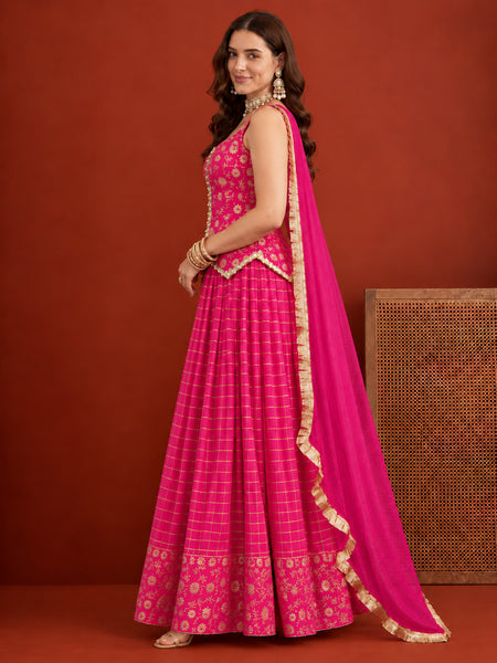 Stylum Women's Pink Gold Printed Rayon Vest Top Skirt With Dupatta Co-Ords Set (STDPINKRANGAT)