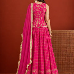 Stylum Women's Pink Gold Printed Rayon Vest Top Skirt With Dupatta Co-Ords Set (STDPINKRANGAT)