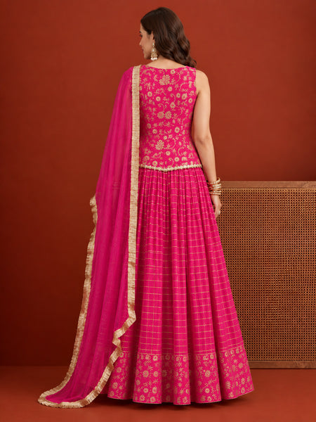 Stylum Women's Pink Gold Printed Rayon Vest Top Skirt With Dupatta Co-Ords Set (STDPINKRANGAT)