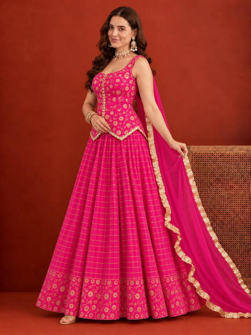 Stylum Women's Pink Gold Printed Rayon Vest Top Skirt With Dupatta Co-Ords Set (STDPINKRANGAT)