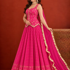 Stylum Women's Pink Gold Printed Rayon Vest Top Skirt With Dupatta Co-Ords Set (STDPINKRANGAT)