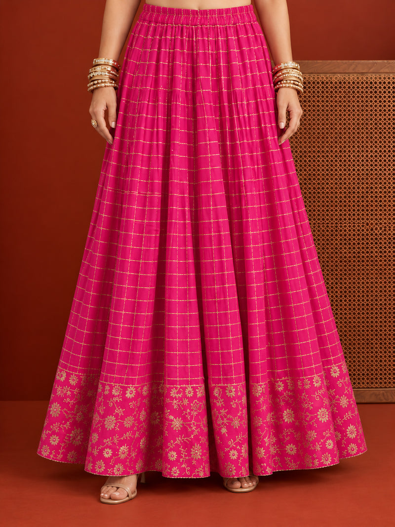 Stylum Women's Pink Gold Printed Rayon Vest Top Skirt With Dupatta Co-Ords Set (STDPINKRANGAT)
