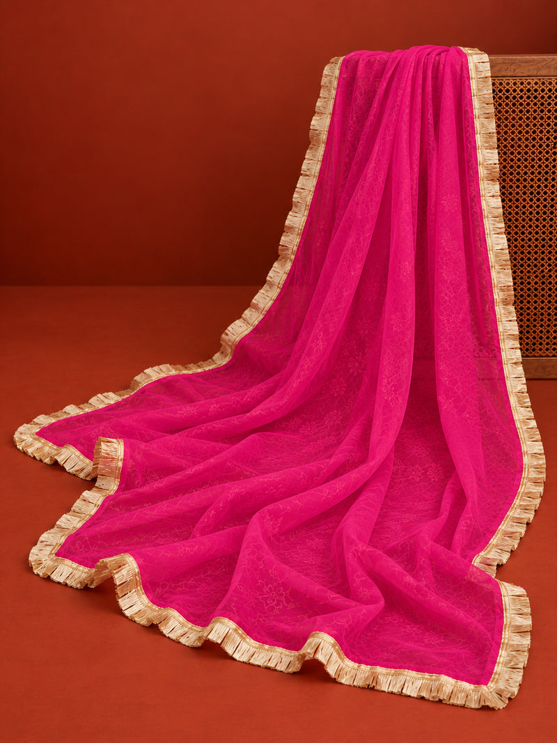 Stylum Women's Pink Gold Printed Rayon Vest Top Skirt With Dupatta Co-Ords Set (STDPINKRANGAT)
