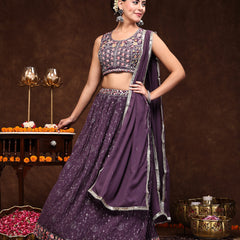 Stylum Women's Purple Embroidered Georgette Lehenga & Blouse with Dupatta (STDPURPLEMICHAEL)