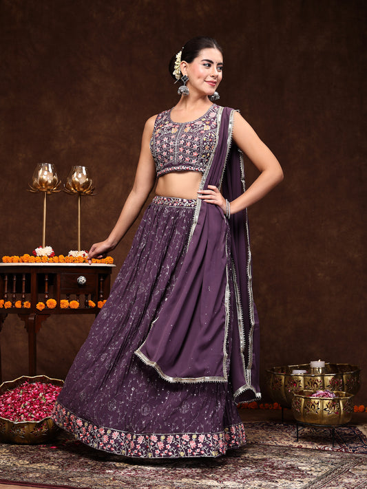 Stylum Women's Purple Embroidered Georgette Lehenga & Blouse with Dupatta (STDPURPLEMICHAEL)