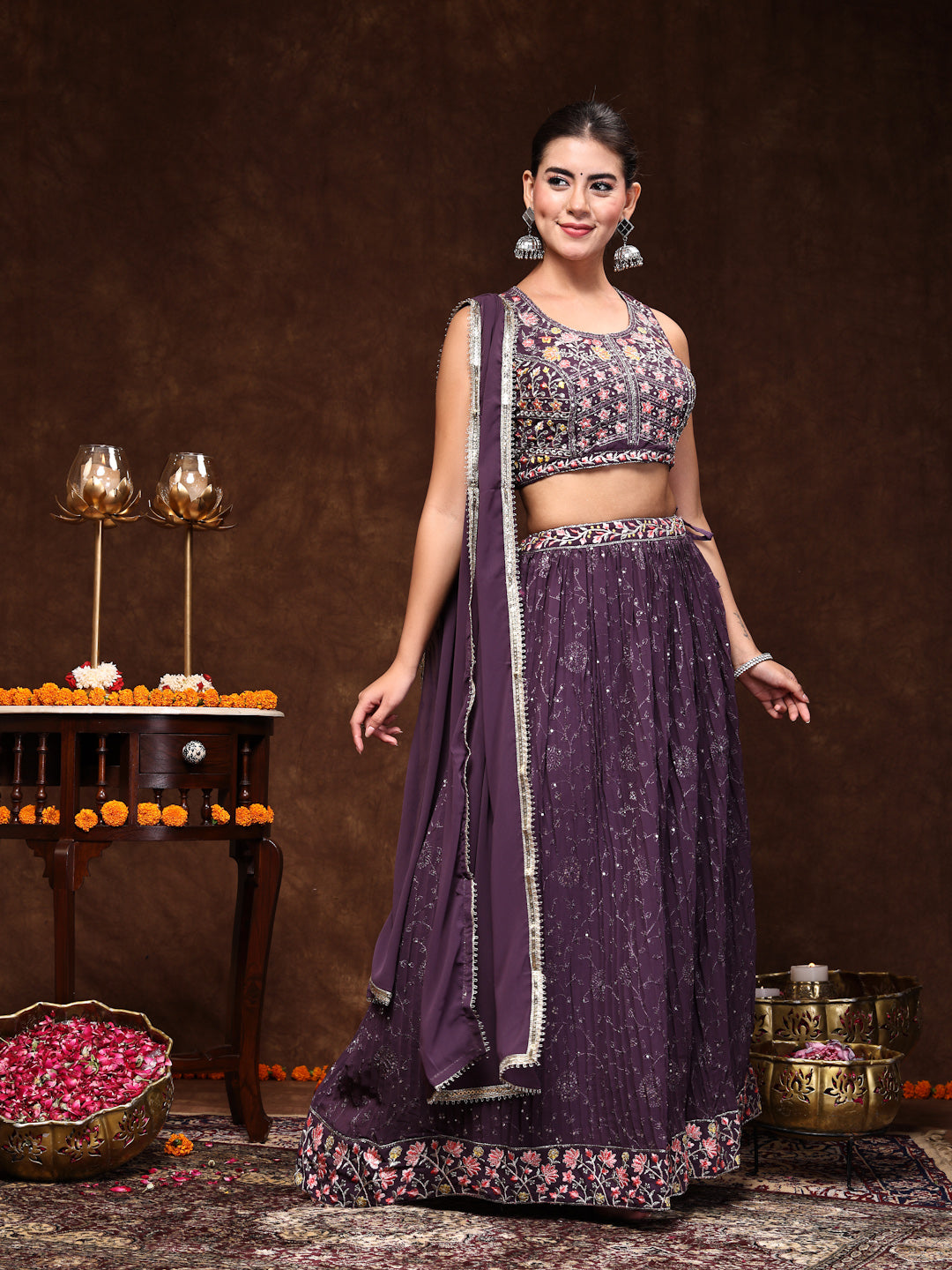 Stylum Women's Purple Embroidered Georgette Lehenga & Blouse with Dupatta (STDPURPLEMICHAEL)