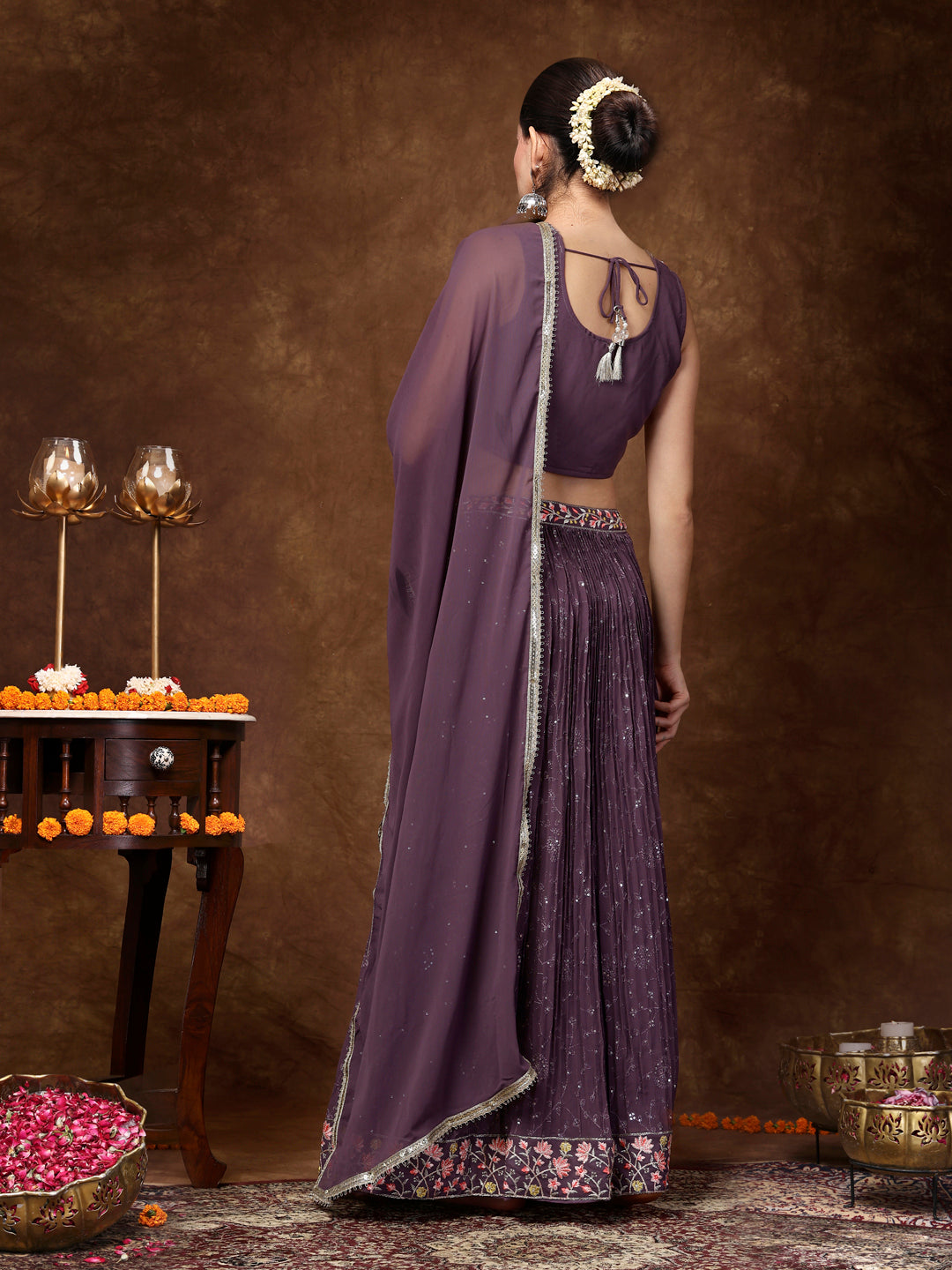 Stylum Women's Purple Embroidered Georgette Lehenga & Blouse with Dupatta (STDPURPLEMICHAEL)