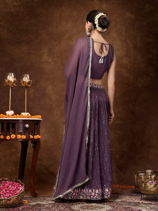 Stylum Women's Purple Embroidered Georgette Lehenga & Blouse with Dupatta (STDPURPLEMICHAEL)