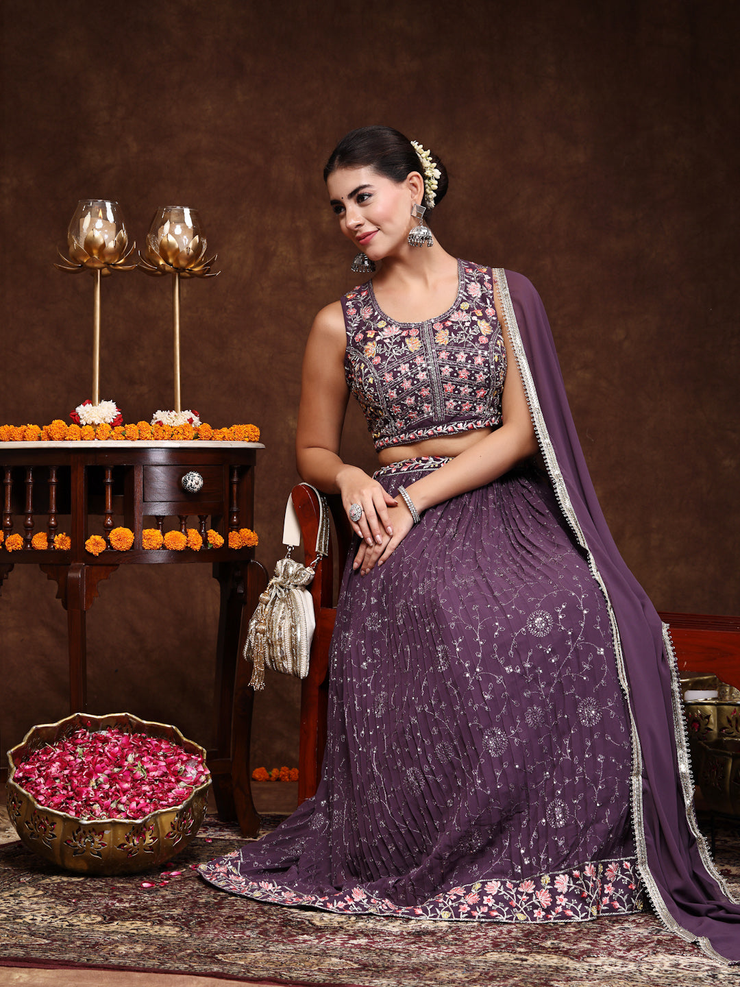 Stylum Women's Purple Embroidered Georgette Lehenga & Blouse with Dupatta (STDPURPLEMICHAEL)