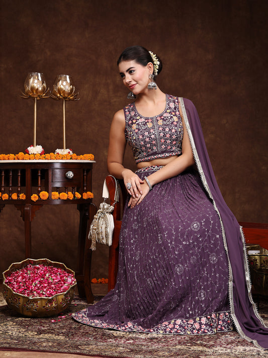 Stylum Women's Purple Embroidered Georgette Lehenga & Blouse with Dupatta (STDPURPLEMICHAEL)