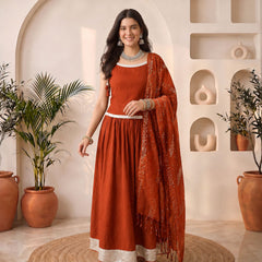 Stylum Women's Rust Solid Crepe Skirt Top With Dupatta Set (STDRUSTELITE)