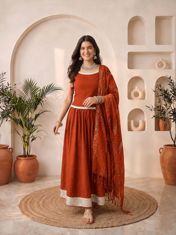 Stylum Women's Rust Solid Crepe Skirt Top With Dupatta Set (STDRUSTELITE)