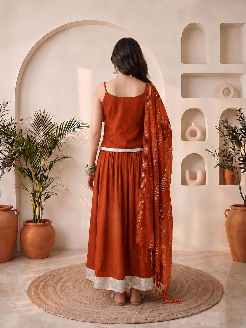 Stylum Women's Rust Solid Crepe Skirt Top With Dupatta Set (STDRUSTELITE)