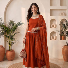 Stylum Women's Rust Solid Crepe Skirt Top With Dupatta Set (STDRUSTELITE)