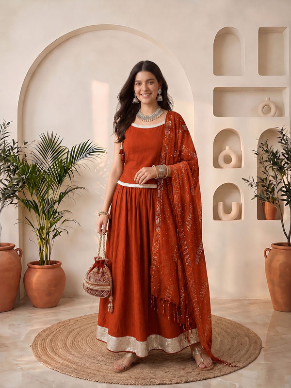 Stylum Women's Rust Solid Crepe Skirt Top With Dupatta Set (STDRUSTELITE)