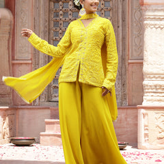 Stylum Women's Yellow Haldi & Mehandi Special Georgette Top Palazzo Dupatta Co-ord Set (STDYELLOWJUGNI)