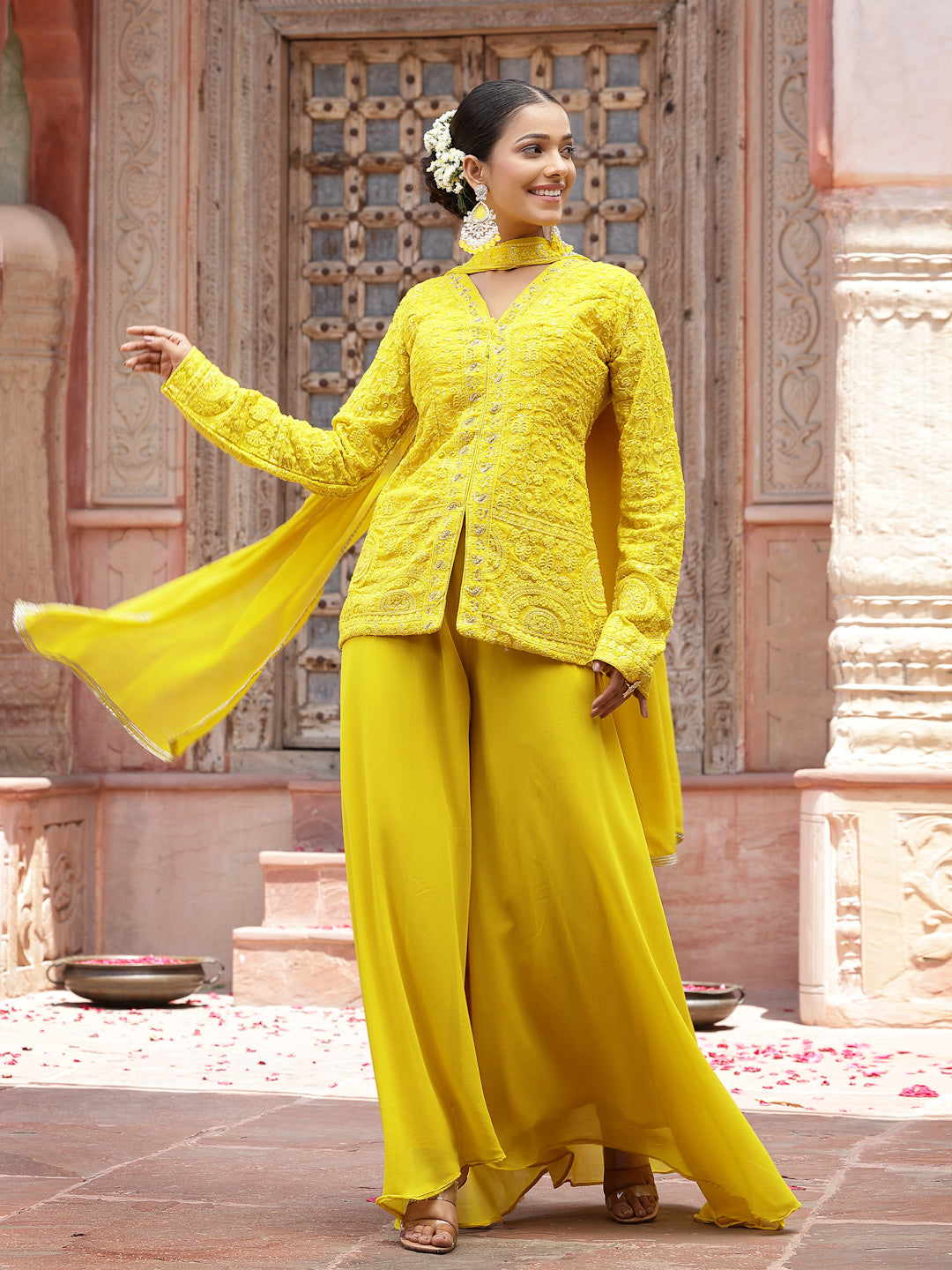 Stylum Women's Yellow Haldi & Mehandi Special Georgette Top Palazzo Dupatta Co-ord Set (STDYELLOWJUGNI)