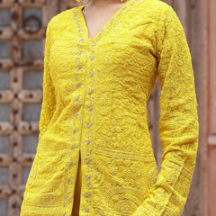 Stylum Women's Yellow Haldi & Mehandi Special Georgette Top Palazzo Dupatta Co-ord Set (STDYELLOWJUGNI)