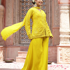 Stylum Women's Yellow Haldi & Mehandi Special Georgette Top Palazzo Dupatta Co-ord Set (STDYELLOWJUGNI)