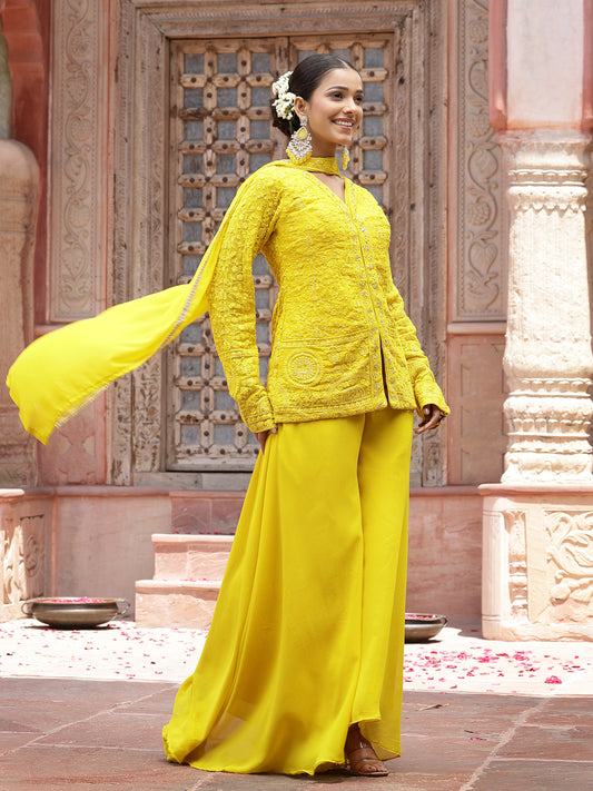 Stylum Women's Yellow Haldi & Mehandi Special Georgette Top Palazzo Dupatta Co-ord Set (STDYELLOWJUGNI)