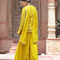 Stylum Women's Yellow Haldi & Mehandi Special Georgette Top Palazzo Dupatta Co-ord Set (STDYELLOWJUGNI)