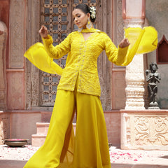 Stylum Women's Yellow Haldi & Mehandi Special Georgette Top Palazzo Dupatta Co-ord Set (STDYELLOWJUGNI)