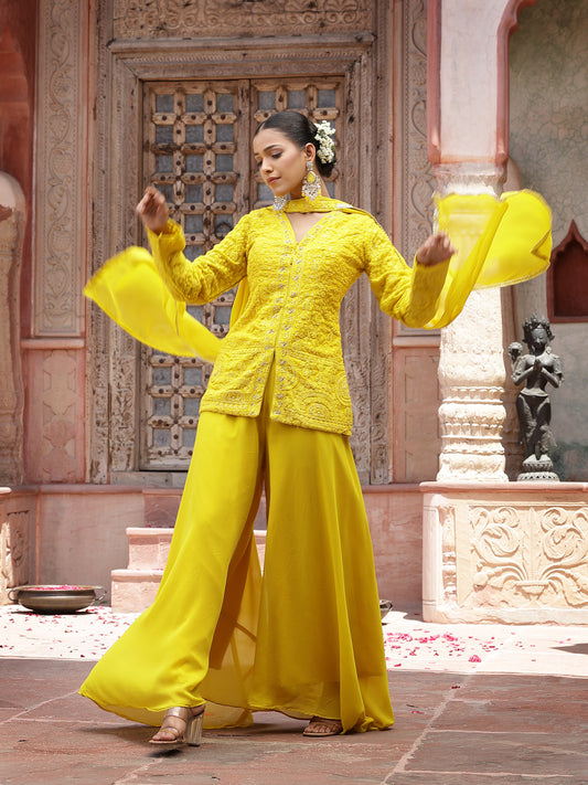 Stylum Women's Yellow Haldi & Mehandi Special Georgette Top Palazzo Dupatta Co-ord Set (STDYELLOWJUGNI)