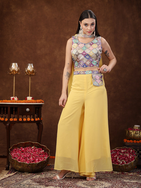 Stylum Women's Yellow Embellished Party Wear Georgette Palazzo & Blouse with Dupatta (STDYELLOWPOKKY)