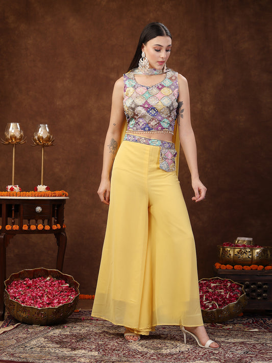 Stylum Women's Yellow Embellished Party Wear Georgette Palazzo & Blouse with Dupatta (STDYELLOWPOKKY)