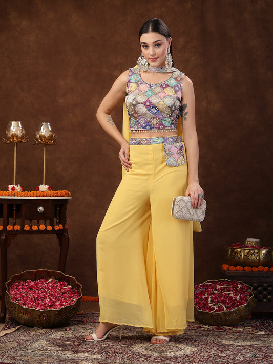 Stylum Women's Yellow Embellished Party Wear Georgette Palazzo & Blouse with Dupatta (STDYELLOWPOKKY)