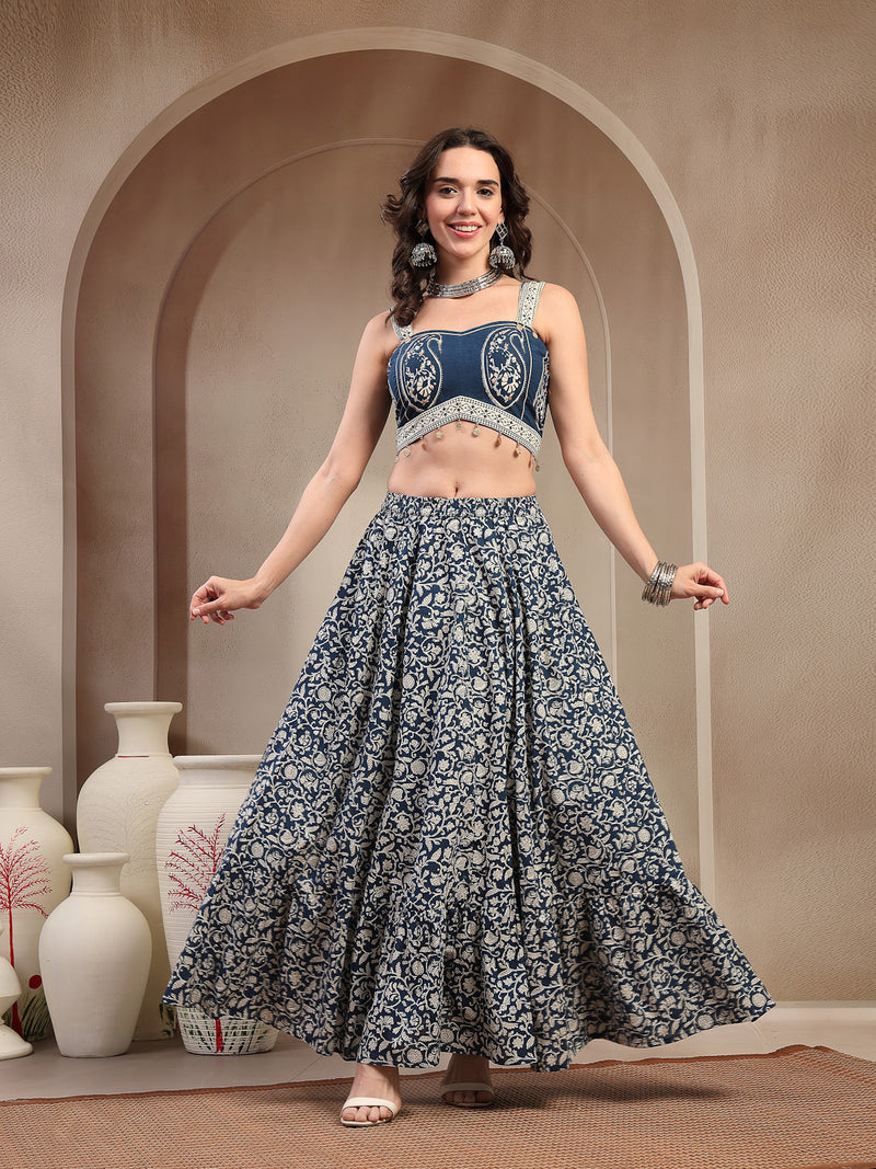 Stylum Women's Indigo Ethnic Printed Cotton Peplum Top With Skirt (STINDIGOSARAS)