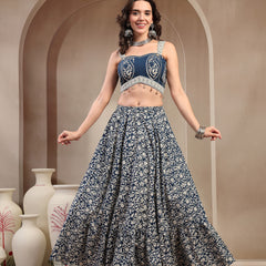 Stylum Women's Indigo Ethnic Printed Cotton Peplum Top With Skirt (STINDIGOSARAS)
