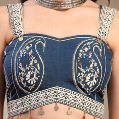 Stylum Women's Indigo Ethnic Printed Cotton Peplum Top With Skirt (STINDIGOSARAS)