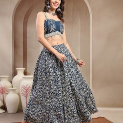 Stylum Women's Indigo Ethnic Printed Cotton Peplum Top With Skirt (STINDIGOSARAS)