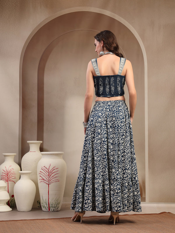 Stylum Women's Indigo Ethnic Printed Cotton Peplum Top With Skirt (STINDIGOSARAS)