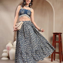 Stylum Women's Indigo Ethnic Printed Cotton Peplum Top With Skirt (STINDIGOSARAS)