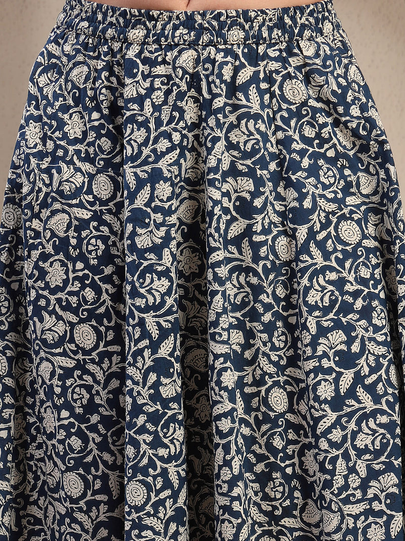 Stylum Women's Indigo Ethnic Printed Cotton Peplum Top With Skirt (STINDIGOSARAS)