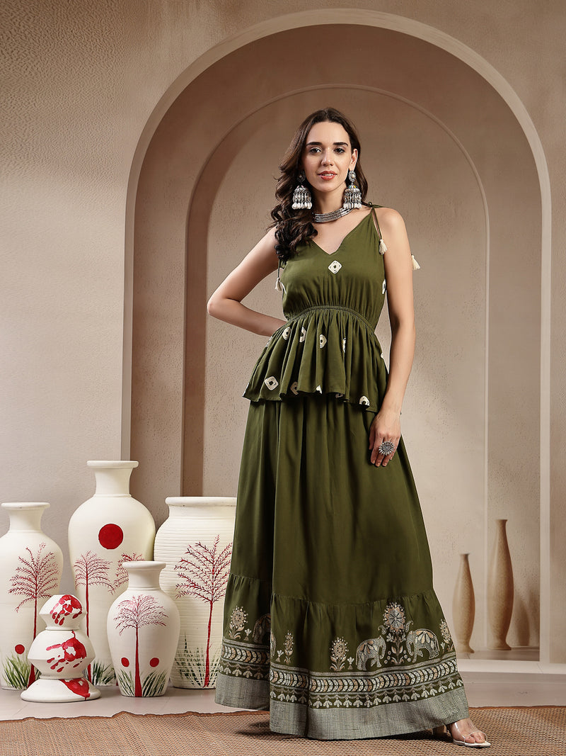 Stylum Women's Green Bandhej Printed Rayon Short Peplum Top With Skirt (STOLIVEMAHIR)