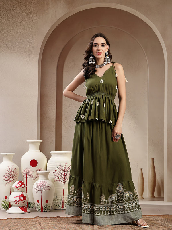 Stylum Women's Green Bandhej Printed Rayon Short Peplum Top With Skirt (STOLIVEMAHIR)