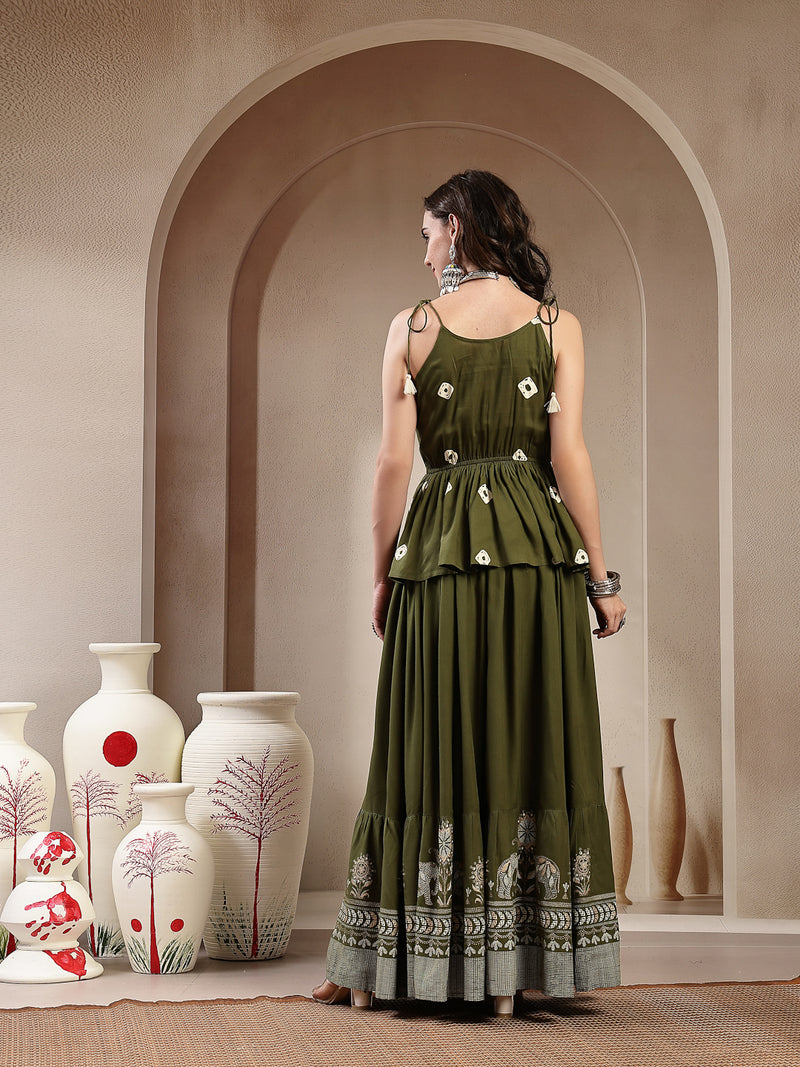 Stylum Women's Green Bandhej Printed Rayon Short Peplum Top With Skirt (STOLIVEMAHIR)