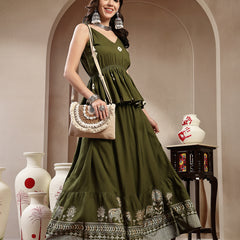 Stylum Women's Green Bandhej Printed Rayon Short Peplum Top With Skirt (STOLIVEMAHIR)