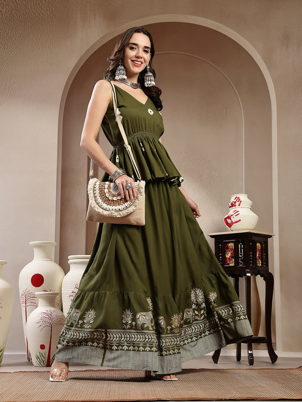 Stylum Women's Green Bandhej Printed Rayon Short Peplum Top With Skirt (STOLIVEMAHIR)