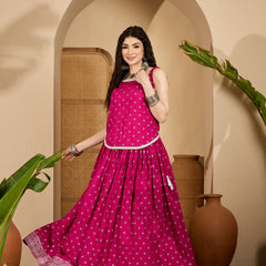 Stylum Women's Pink Ethnic Printed Rayon Vest Top With Skirt (STPINKPOPAT)
