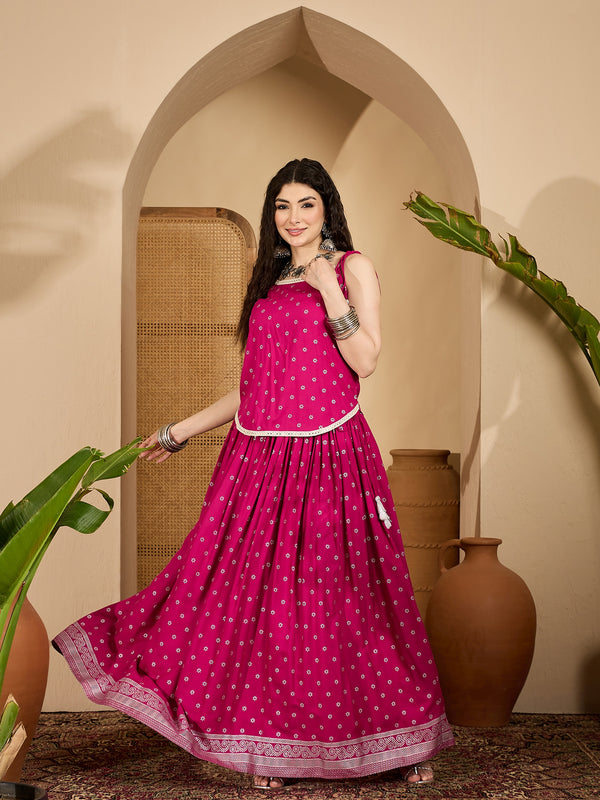 Stylum Women's Pink Ethnic Printed Rayon Vest Top With Skirt (STPINKPOPAT)