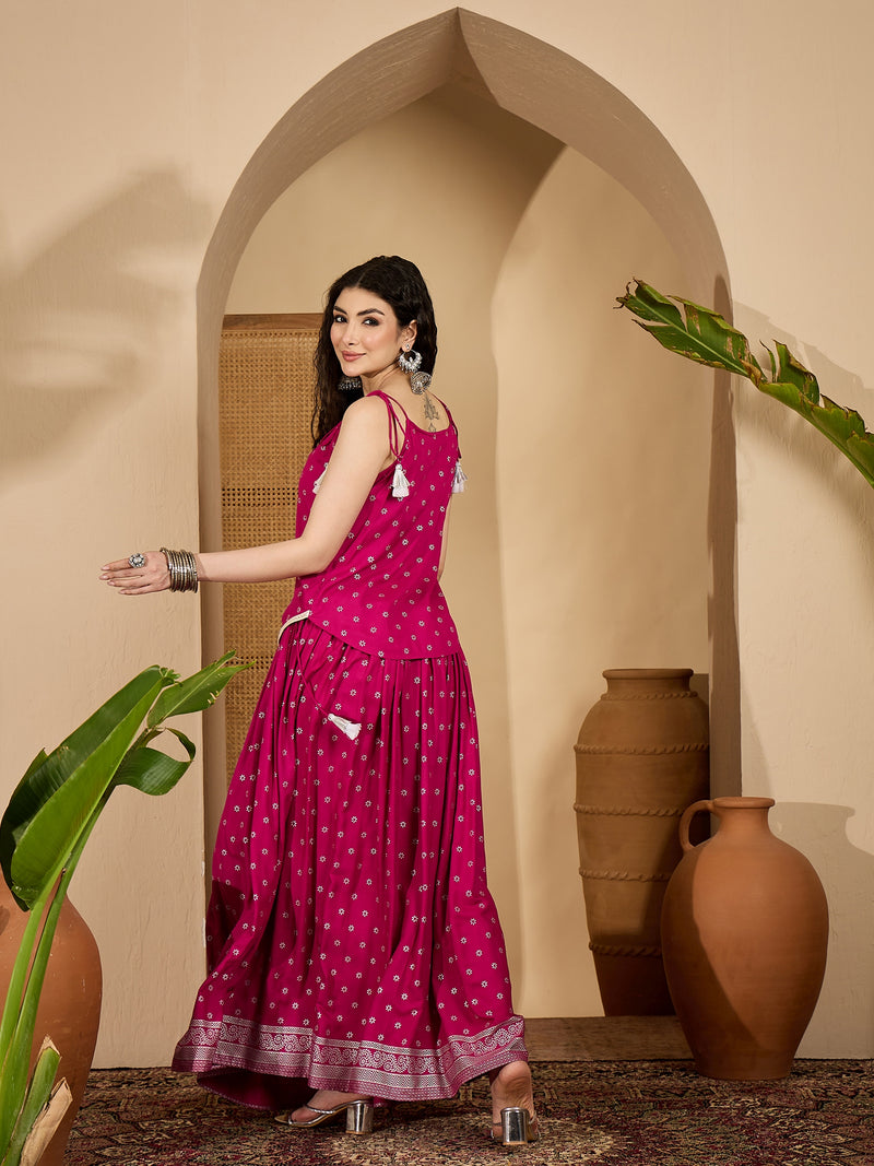 Stylum Women's Pink Ethnic Printed Rayon Vest Top With Skirt (STPINKPOPAT)