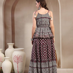 Stylum Women's Purple Ethnic Printed Rayon Short Peplum Top With Skirt (STPURPLEMONACO)